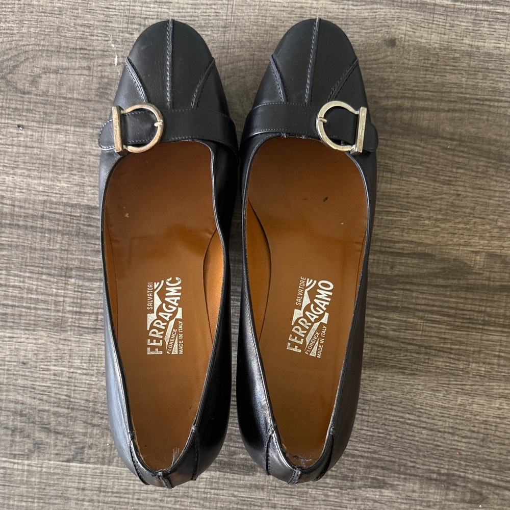 Salvatore Ferragamo Black Flats with Gold Accent
